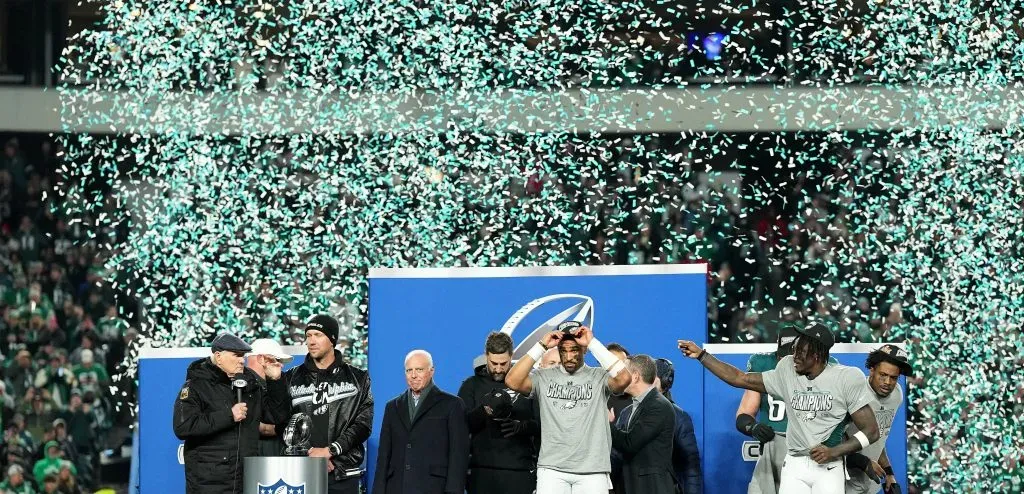 Owner Jeffrey Lurie, head coach Nick Sirianni, Jalen Hurts #1 and teammates of the Philadelphia Eagles
