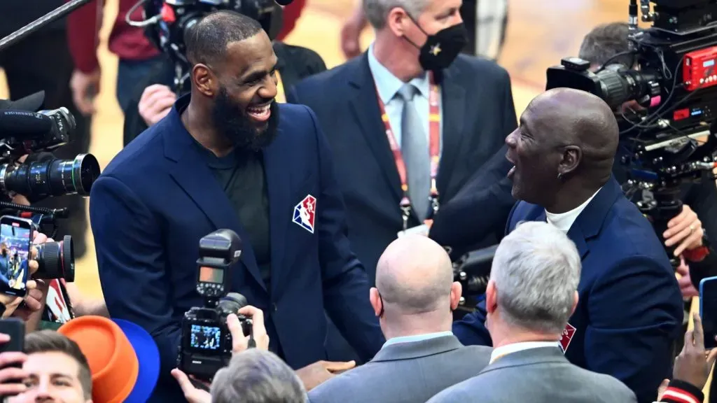 Michael Jordan and LeBron James interact after the presentation of the NBA 75th Anniversary Team during the 2022 NBA All-Star Game at Rocket Mortgage Fieldhouse. (Photo by Jason Miller/Getty Images)