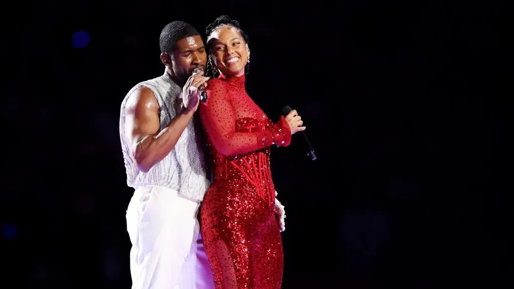 Usher and Alicia Keys perform onstage during the Apple Music Super Bowl LVIII Halftime Show at Allegiant Stadium on February 11, 2024. (Source: Ezra Shaw/Getty Images)