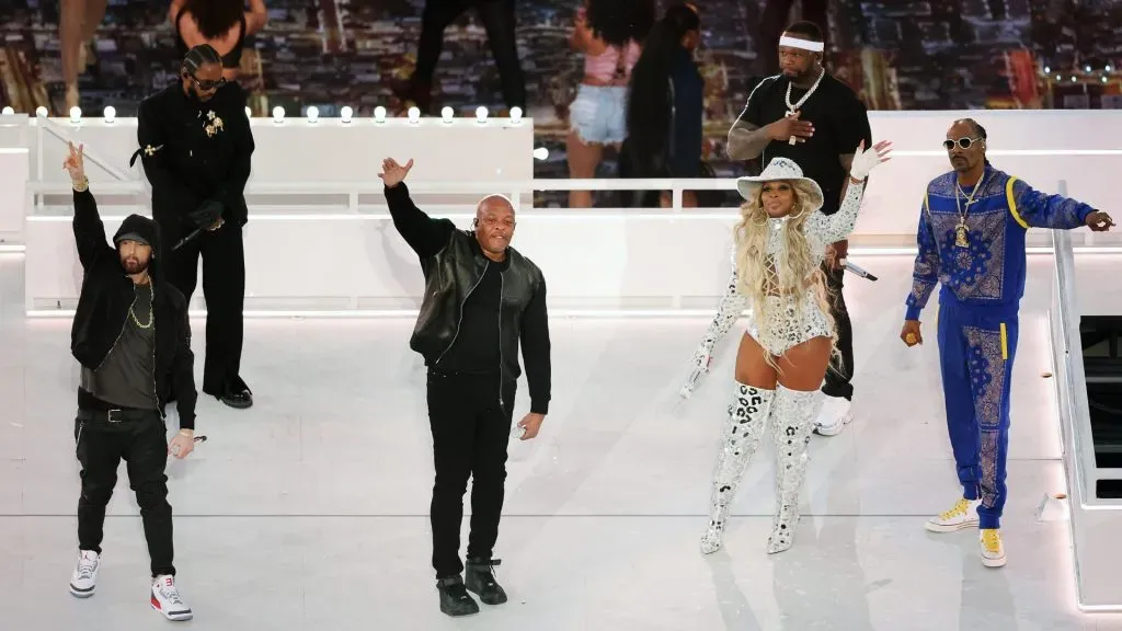 Eminem, Kendrick Lamar, Dr. Dre, Mary J. Blige, 50 Cent and Snoop Dogg perform during the Pepsi Super Bowl LVI Halftime Show at SoFi Stadium on February 13, 2022. (Source: Gregory Shamus/Getty Images)