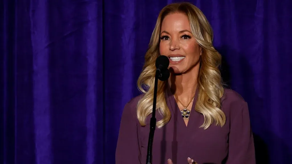 Jeanie Buss speaks during a unveiling ceremony for the Kobe Bryant Statue at Crypto.com Arena on February 08, 2024. (Source: Ronald Martinez/Getty Images)