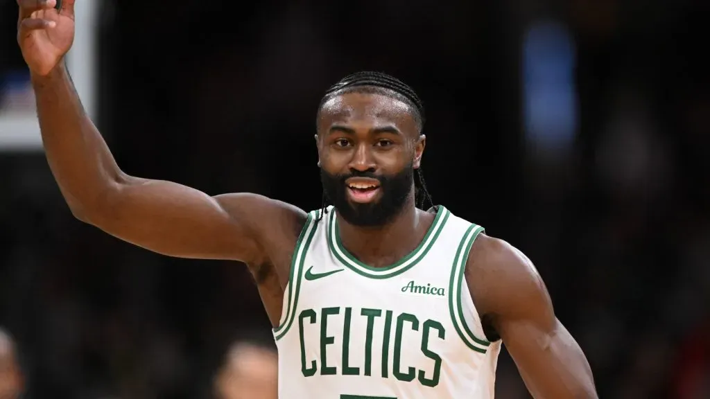 Jaylen Brown #7 of the Boston Celtics reacts after making a three-point basket against the Minnesota Timberwolves during the fourth quarter at the TD Garden.