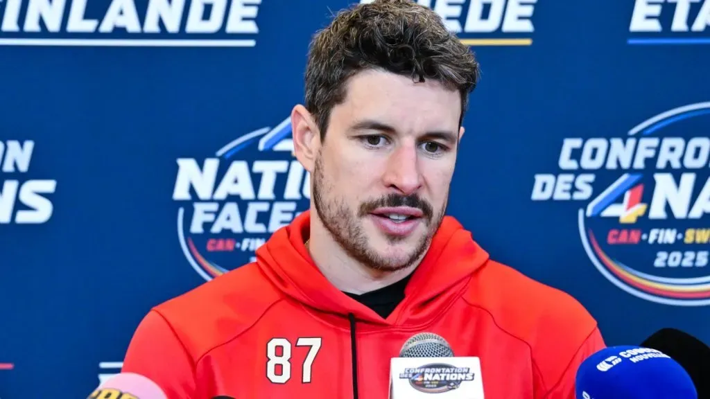 Sidney Crosby #87 of Canada takes questions during media day ahead of the 2025 NHL 4 Nations Face-Off at the Bell Centre on February 11, 2025 in Montreal, Quebec, Canada.