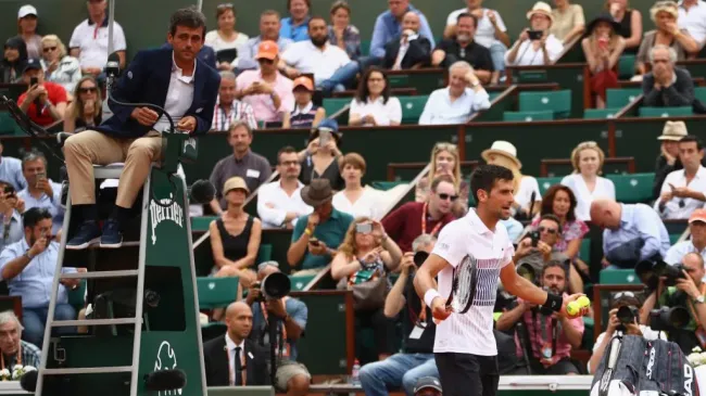 Novak Djokovic of Serbia disputes a decision of Ramos during the 2017 French Open (Clive Brunskill/Getty Images)