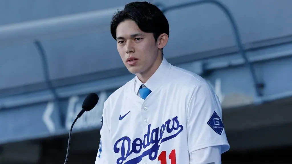 Pitcher Roki Sasaki speaks to the media during a Los Angeles Dodgers press conference at Dodger Stadium on January 22, 2025. (Source: Kevork Djansezian/Getty Images)