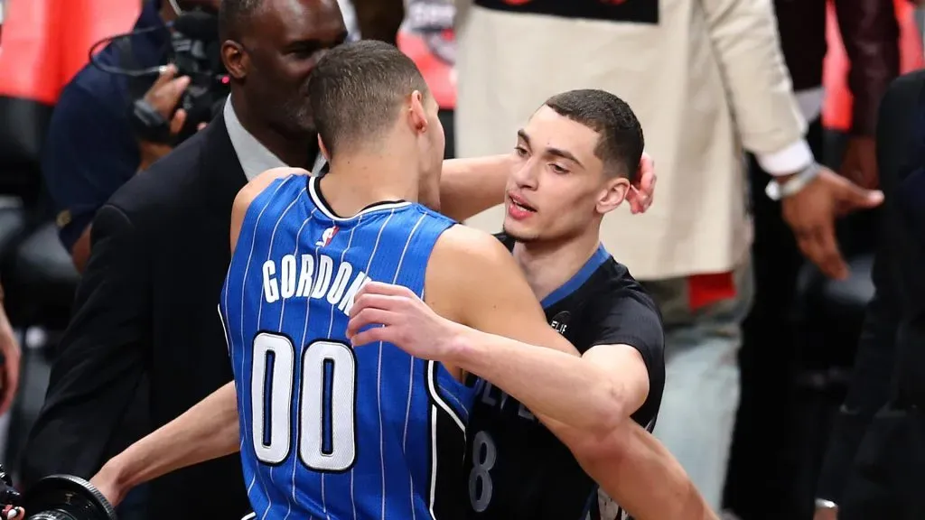Aaron Gordon of the Orlando Magic and Zach LaVine of the Minnesota Timberwolves react after the Verizon Slam Dunk Contest during NBA All-Star Weekend 2016