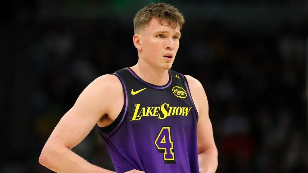 Dalton Knecht #4 of the Los Angeles Lakers looks on against the Minnesota Timberwolves in the third quarter at Target Center. (David Berding/Getty Images)