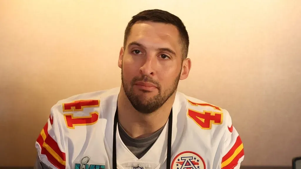 James Winchester #41 of the Kansas City Chiefs speaks to the media during the Kansas City Chiefs media availability prior to Super Bowl LVII at the Hyatt Regency Gainey Ranch on February 08, 2023 in Scottsdale, Arizona.