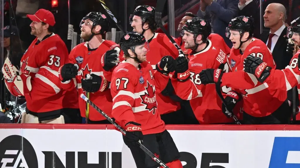 Connor McDavid #97 of Team Canada celebrates his goal against Team USA at 5:31 of the first period in the 4 Nations Face-Off game at the Bell Centre on February 15, 2025 in Montreal, Quebec, Canada.