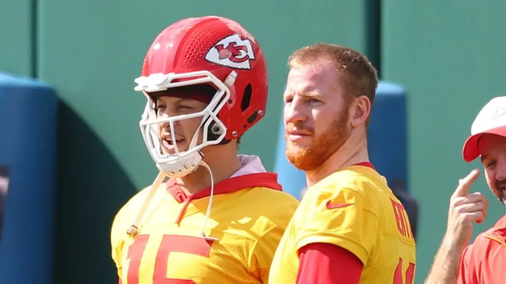 Patrick Mahomes #15 and Carson Wentz #11 of the Kansas City Chiefs look on during a practice ahead of Super Bowl LIX at Tulane University’s Yulman Stadium on February 07, 2025 in New Orleans, Louisiana.