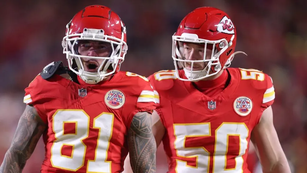 Nikko Remigio #81 of the Kansas City Chiefs celebrates his long punt return with Swayze Bozeman #50 during the second quarter against the Buffalo Bills in the AFC Championship Game at GEHA Field at Arrowhead Stadium on January 26, 2025 in Kansas City, Missouri.