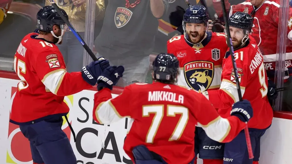Sam Reinhart #13 of the Florida Panthers celebrates with teammates after scoring a goal during the second period of Game Seven of the 2024 Stanley Cup Final. (Source: Carmen Mandato/Getty Images)
