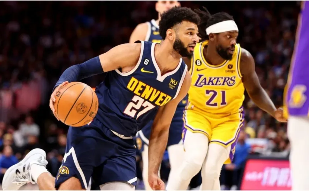 Jamal Murray #27 of the Denver Nuggets drives against the Los Angeles Lakers