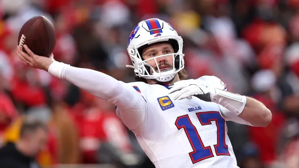 Josh Allen #17 of the Buffalo Bills warms up before playing the Kansas City Chiefs prior to the AFC Championship Game at GEHA Field at Arrowhead Stadium on January 26, 2025 in Kansas City, Missouri.