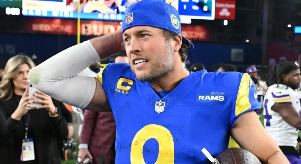 Matthew Stafford #9 of the Los Angeles Rams looks on after the game against the Minnesota Vikings during the NFC Wild Card Playoff at State Farm Stadium on January 13, 2025 in Glendale, Arizona.