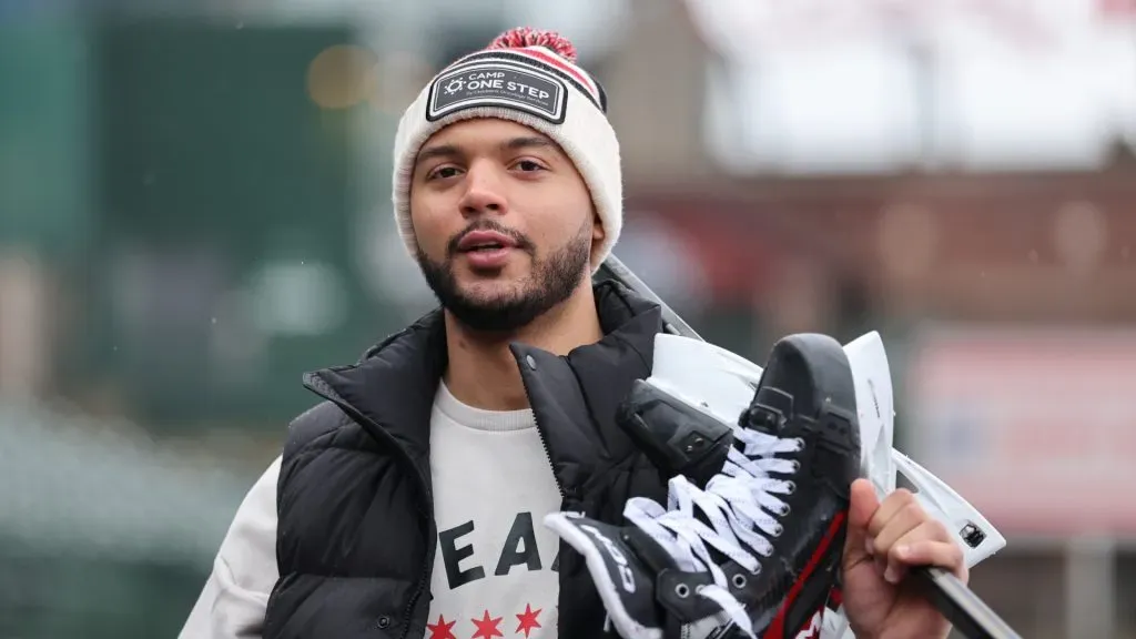 Seth Jones #4 of the Chicago Blackhawks arrives inside Wrigley Field prior to the 2024 NHL Winter Classic against the St. Louis Blues on December 31, 2024 in Chicago, Illinois.