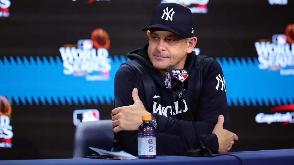 Manager Aaron Boone #17 of the New York Yankees talks to the media after the Los Angeles Dodgers defeated the New York Yankees 7-6 in game 5 to win the 2024 World Series at Yankee Stadium on October 30, 2024 in the Bronx borough of New York City. (Photo by Alex Slitz/Getty Images)