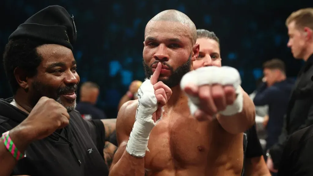 Chris Eubank Jr celebrates after beating Liam Smith in a 10th round stoppage during the Chris Eubank Jr v Liam Smith II Middleweight Title fight at Manchester Arena on September 02, 2023 in Manchester, England. (Photo by Matt McNulty/Getty Images)