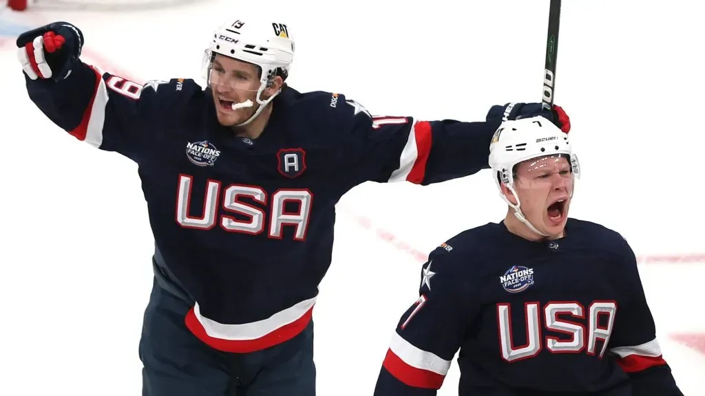 Brady Tkachuk of Team United States celebrates with Matthew Tkachuk #19 after scoring a goal against Jordan Binnington of Team Canada during the first period in the NHL 4 Nations Face-Off Championship Game