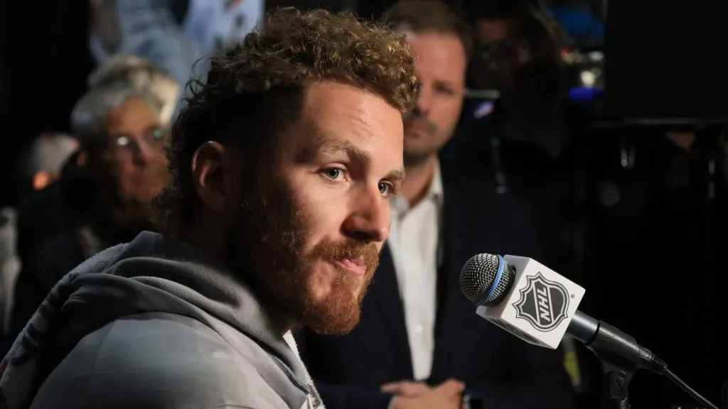 Matthew Tkachuk #19 of the Florida Panthers speaks to the media during Media Day prior to the 2024 Stanley Cup Final at Amerant Bank Arena on June 07, 2024 in Sunrise, Florida.