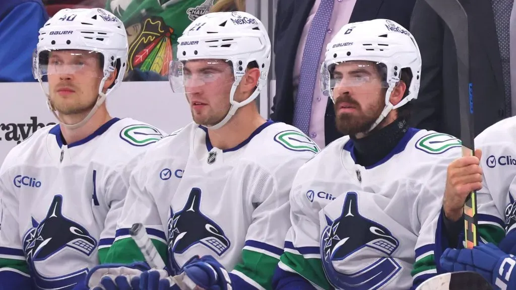Vancouver Canucks play against the Chicago Blackhawks during the first period at the United Center on October 22, 2024 in Chicago, Illinois. (Photo by Michael Reaves/Getty Images)