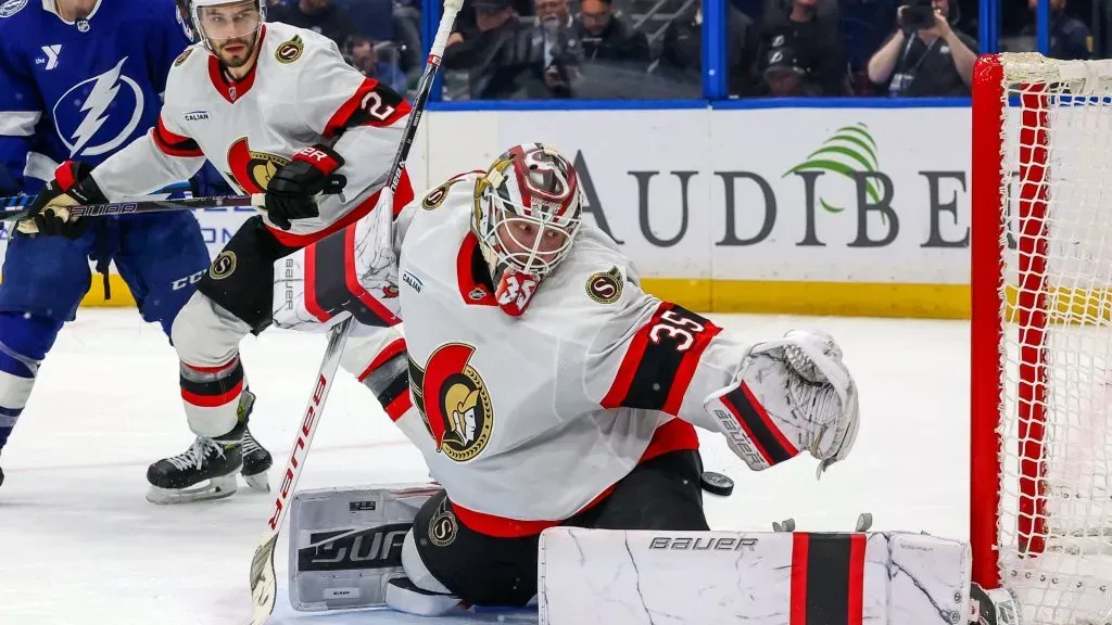 Linus Ullmark #35 of the Ottawa Senators makes a save against the Tampa Bay Lightning during the second period at the Amalie Arena on February 4, 2025 in Tampa, Florida. (Photo by Mike Carlson/Getty Images)