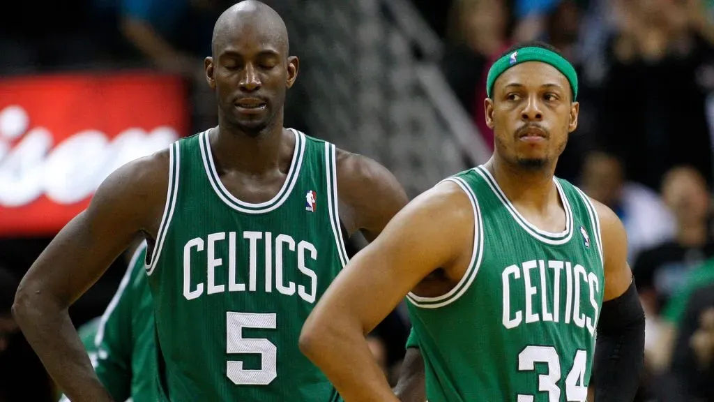 Boston Celtics center Kevin Garnett (5) and small forward Paul Pierce (34) react during the NBA basketball game between the New Orleans Hornets and the Boston Celtics at the New Orleans Arena