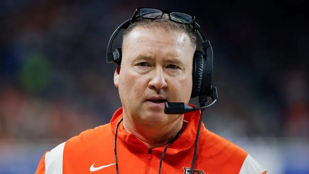 Head coach Scot Loeffler of the Bowling Green Falcons looks on in the second quarter of the Quick Lane Bowl game against the Minnesota Golden Gophers at Ford Field on December 26, 2023 in Detroit, Michigan.