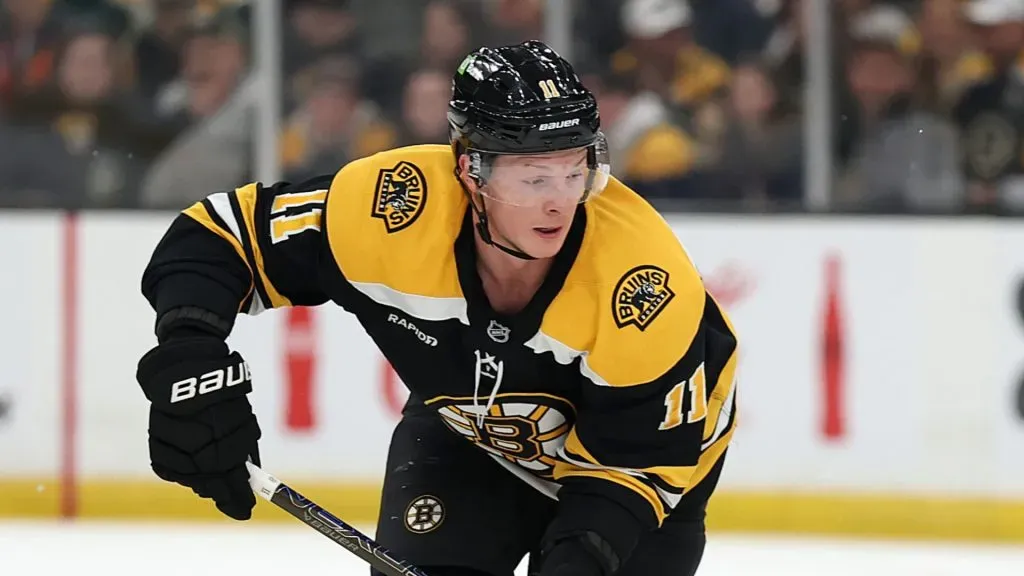 Trent Frederic #11 of the Boston Bruins skates against the Anaheim Ducks during the third period at TD Garden on February 22, 2025 in Boston, Massachusetts. The Ducks defeat the Bruins 3-2 in overtime.