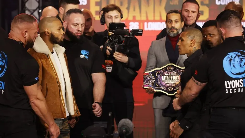 Chris Eubank Jr and Conor Benn face off from a distance during a press conference ahead of the Middleweight fight between Chris Eubank Jr and Conor Benn as part of Fatal Fury: City of the Wolves at Tottenham Hotspur Stadium on February 27, 2025 in London, England. (Photo by Paul Harding/Getty Images)