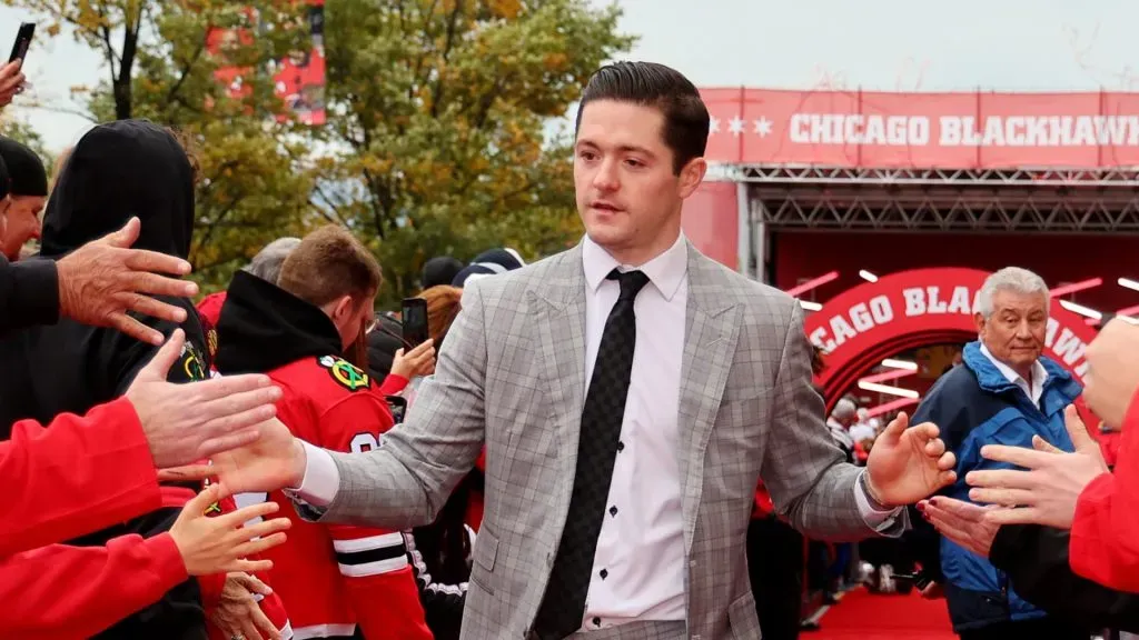 Ryan Donato #8 of the Chicago Blackhawks arrives to the red carpet prior to the game against the Vegas Golden Knights at the United Center on October 21, 2023 in Chicago, Illinois.