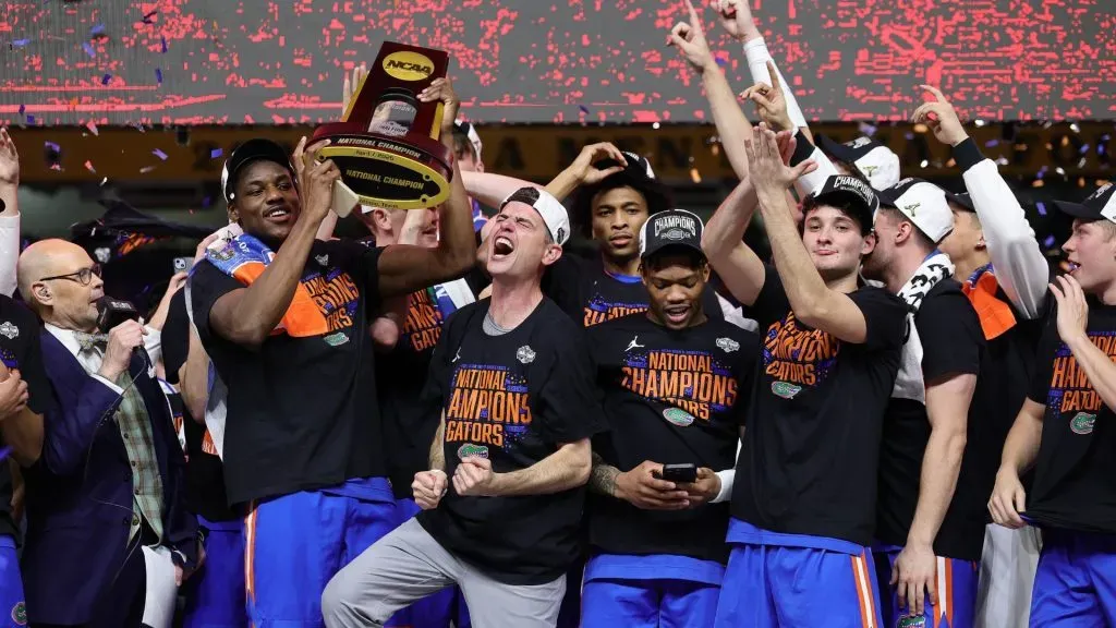 The Florida Gators celebrate after defeating the Houston Cougars in the National Championship of the NCAA Men’s Basketball Tournament at the Alamodome on April 07, 2025. (Source: Alex Slitz/Getty Images)