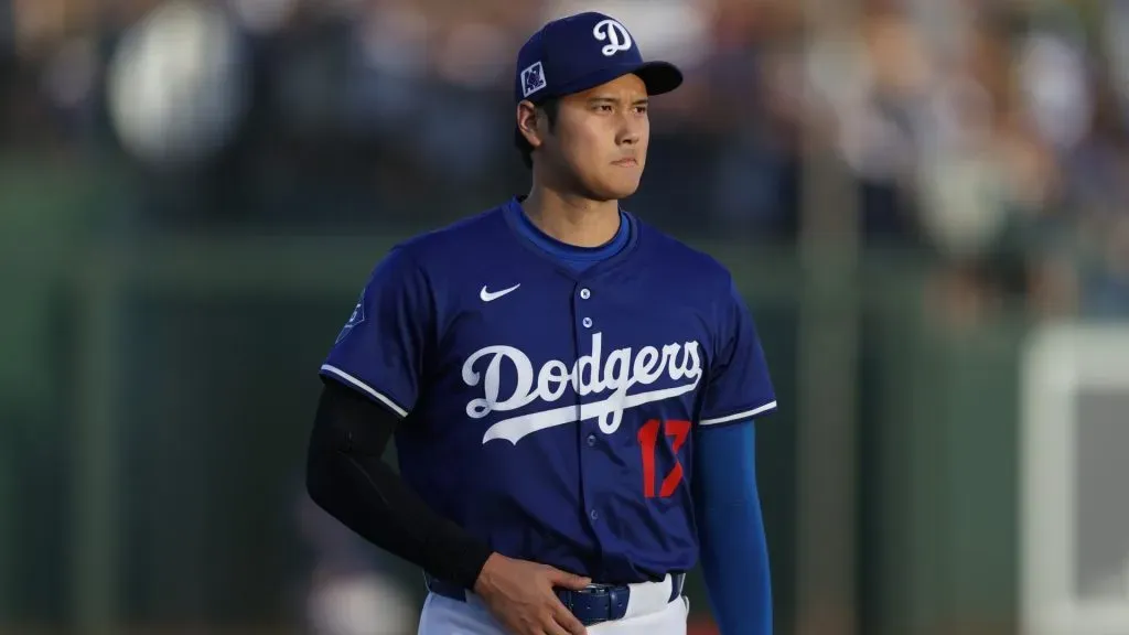 Shohei Ohtani #17 of the Los Angeles Dodgers looks on prior to the spring training game against the Los Angeles Angels at Camelback Ranch on February 28, 2025 in Glendale, Arizona. (Photo by Jeremy Chen/Getty Images)