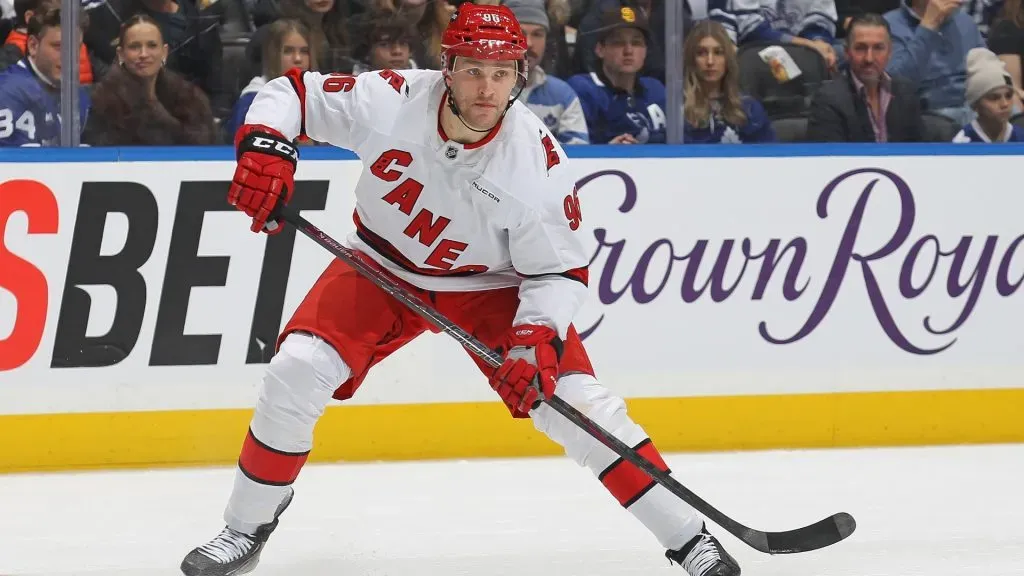 Mikko Rantanen #96 of the Carolina Hurricanes skates against the Toronto Maple Leafs during the first period in an NHL game at Scotiabank Arena on February 22, 2025 in Toronto, Ontario, Canada. (Photo by Claus Andersen/Getty Images)