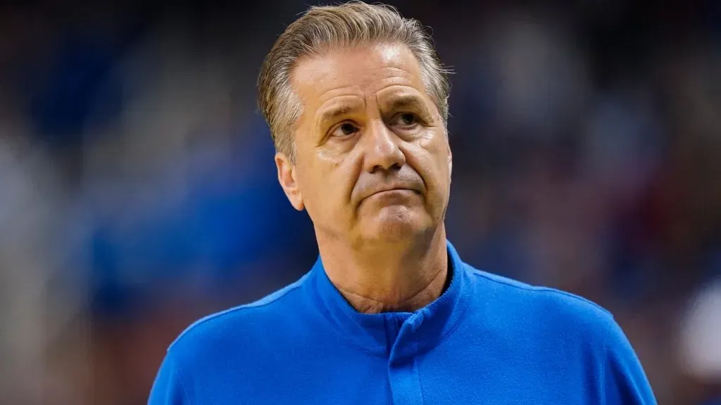 John Calipari of the Kentucky Wildcats reacts during the second half against the Kansas State Wildcats in the second round of the NCAA Men’s Basketball Tournament in 2023. (Source: Jacob Kupferman/Getty Images)