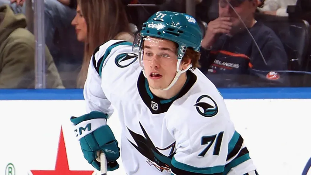 Macklin Celebrini #71 of the San Jose Sharks skates against the New York Islanders at UBS Arena on January 18, 2025 in Elmont, New York.