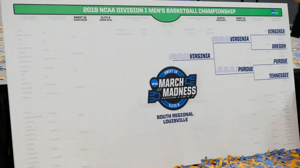 A detail of the South Region bracket after the Virginia Cavaliers defeated the Purdue Boilermakers 80-75 in overtime of the 2019 NCAA Men’s Basketball Tournament South Regional. (Source: Kevin C. Cox/Getty Images)
