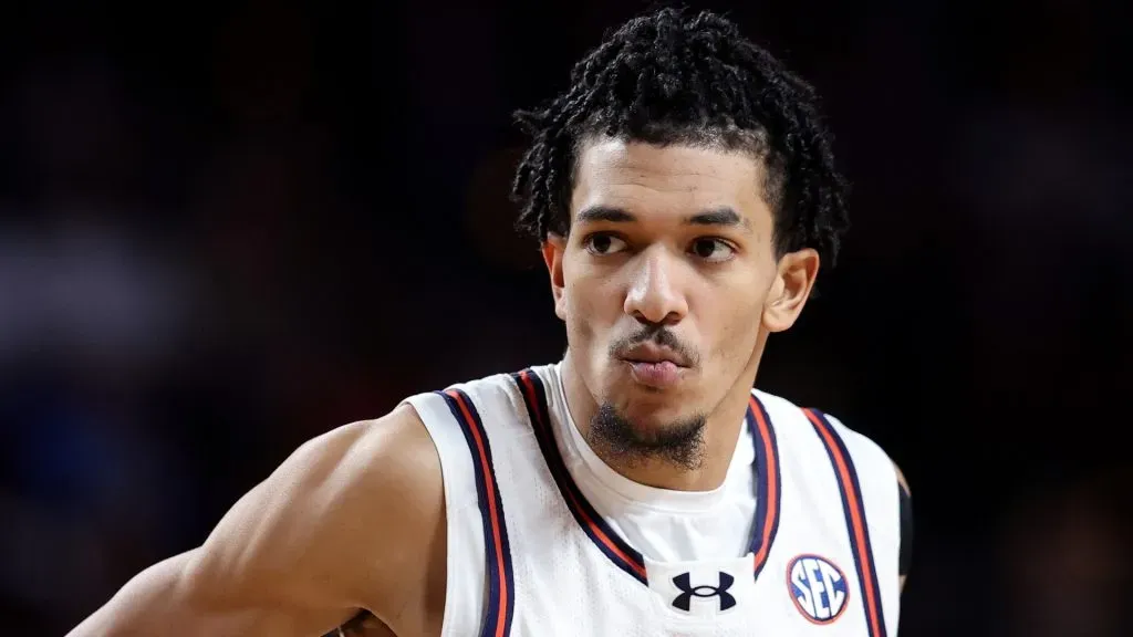 Chad Baker-Mazara #10 of the Auburn Tigers looks on against the Texas A&M Aggies during the first half at Reed Arena on March 04, 2025 in College Station, Texas.