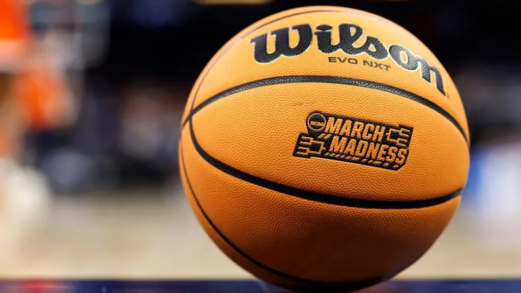 A detailed view of the NCAA March Madness logo on a Wilson Evo NXT Match Ball during the second half in the first round of the NCAA Men’s Basketball Tournament in 2023. (Source: Mike Ehrmann/Getty Images)