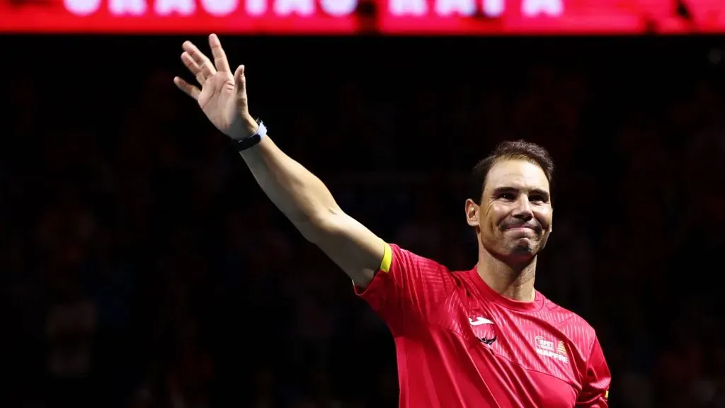 Rafael Nadal of Team Spain waves to fans following his retirement speech following the quarterfinal tie between Netherlands and Spain during the Davis Cup. (Matt McNulty/Getty Images)