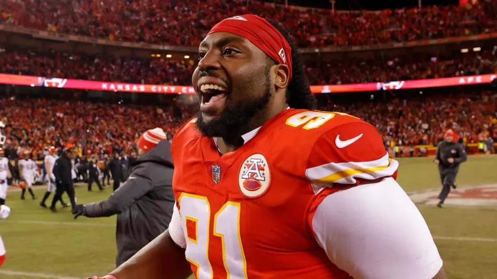 Derrick Nnadi #91 of the Kansas City Chiefs celebrates after defeating the Cincinnati Bengals 23-20 in the AFC Championship Game at GEHA Field at Arrowhead Stadium on January 29, 2023 in Kansas City, Missouri.