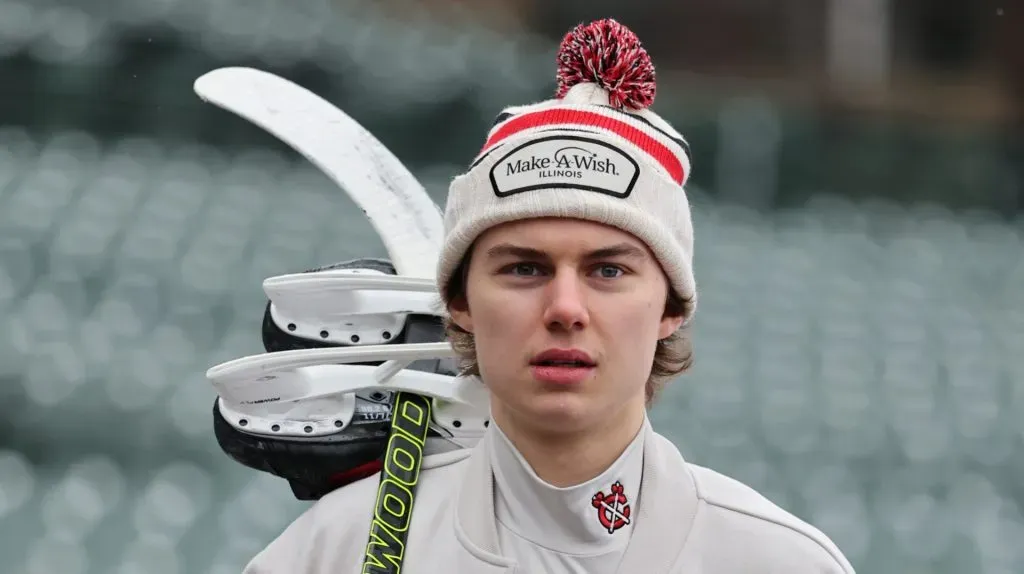Connor Bedard #98 of the Chicago Blackhawks arrives inside Wrigley Field prior to the 2024 NHL Winter Classic against the St. Louis Blues on December 31, 2024 in Chicago, Illinois.
