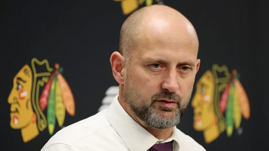 Interim head coach Anders Sorensen of the Chicago Blackhawks speaks to the media after losing to the Winnipeg Jets at the United Center on December 07, 2024 in Chicago, Illinois.