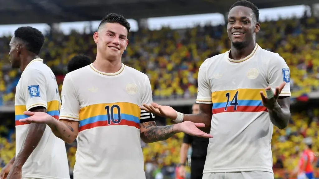 Jhon Duran of Colombia (R) celebrates with teammate James Rodriguez after scoring the team’s third goal during the FIFA World Cup 2026 South American Qualifier match between Colombia and Chile in 2024. (Source: Gabriel Aponte/Getty Images)