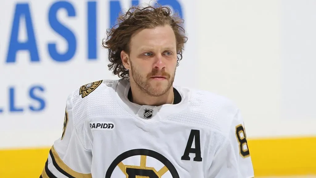 David Pastrnak #88 of the Boston Bruins warms up prior to playing against the Toronto Maple Leafs in an NHL game at Scotiabank Arena on March 4, 2024 in Toronto, Ontario, Canada.