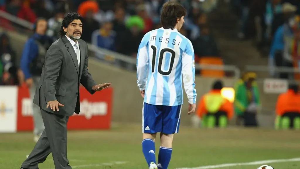 Diego Maradona gestures to Lionel Messi during to the 2010 FIFA World Cup South Africa Round of Sixteen match between Argentina and Mexico. (Richard Heathcote/Getty Images)