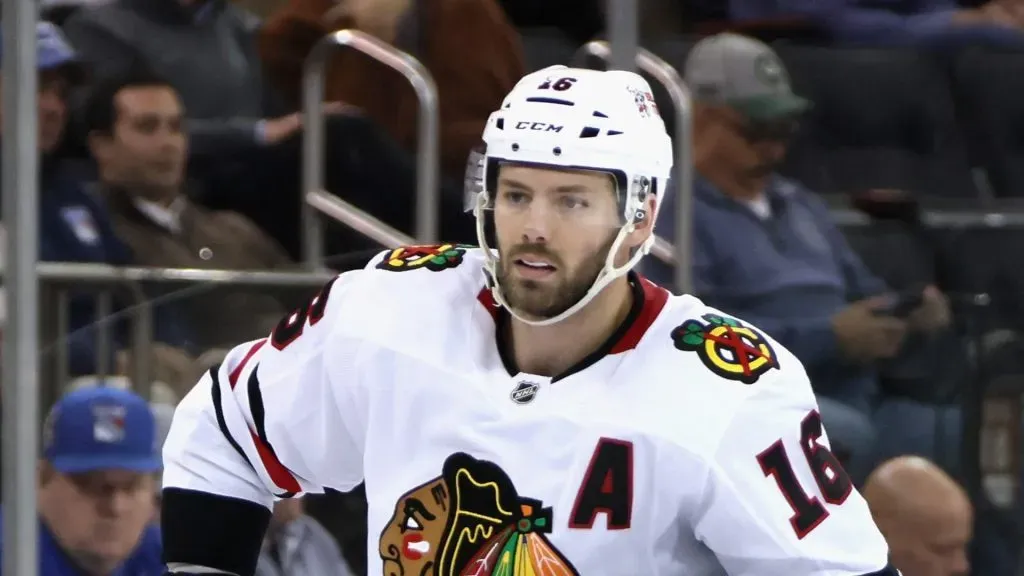 Jason Dickinson #16 of the Chicago Blackhawks skates against the New York Rangers at Madison Square Garden on December 09, 2024 in New York City.