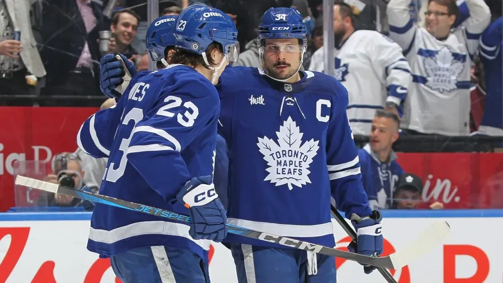 Auston Matthews #34 of the Toronto Maple Leafs celebrates a goal against the Colorado Avalanche during the second period in an NHL game at Scotiabank Arena on March 19, 2025 in Toronto, Ontario, Canada. (Photo by Claus Andersen/Getty Images)