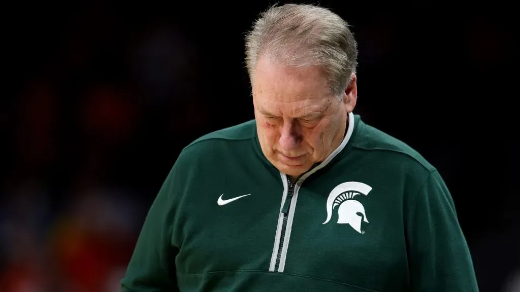 Head coach Tom Izzo of the Michigan State Spartans reacts against the Auburn Tigers during the second half in the South Regional Elite Eight round of the NCAA Men's Basketball Tournament at State Farm Arena on March 30, 2025 in Atlanta, Georgia.
