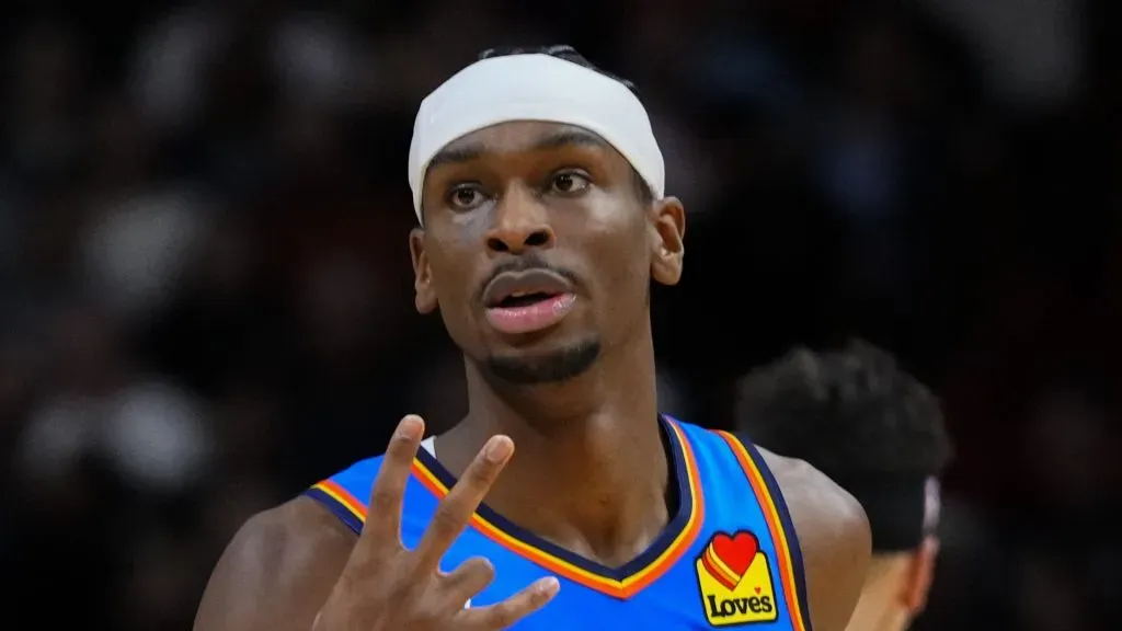 Shai Gilgeous-Alexander #2 of the Oklahoma City Thunder celebrates scoring a three-pointer